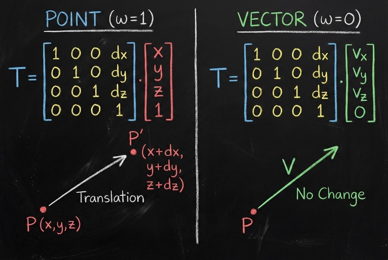 รูปประกอบการใช้พิกัดมิติที่ 4 (w) คัดแยกระหว่าง Point และ Vector