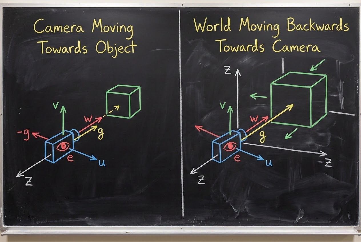 รูปประกอบการสร้าง Camera Basis Vectors และการเลื่อนโลกถอยหลัง