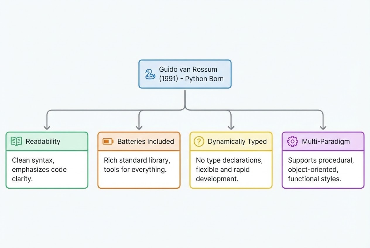 แผนภาพแสดงประวัติศาสตร์และฟีเจอร์เด่นของภาษา Python