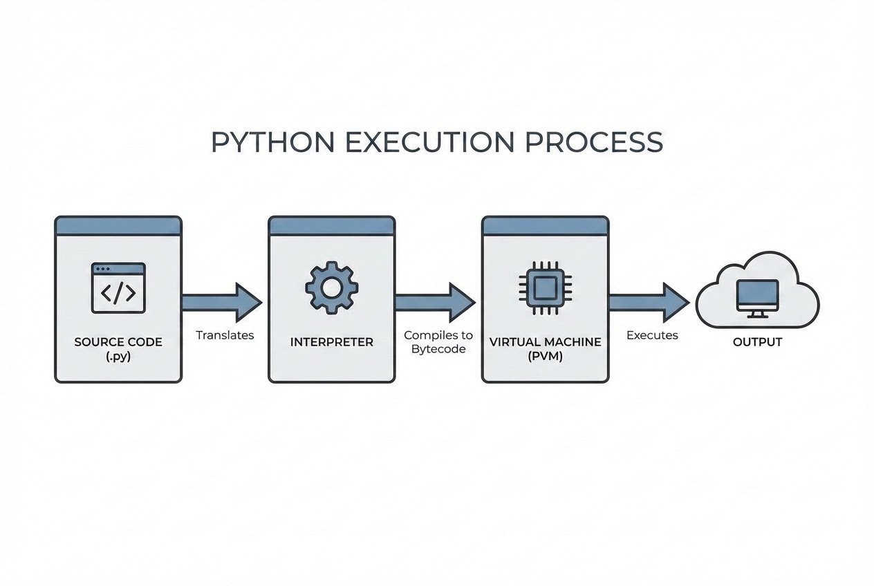 แผนภาพแสดงการทำงานของ Python ตั้งแต่ Source Code ไปจนถึง Python Virtual Machine