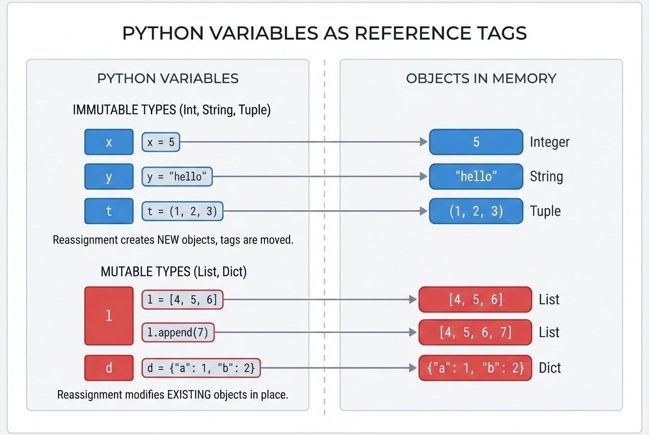 แผนภาพแสดงกลไก Object Reference และ Mutability ใน Python