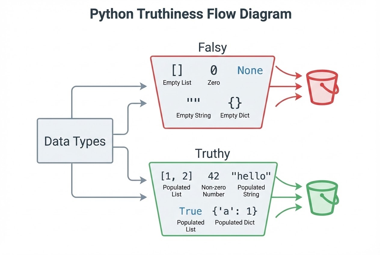 แผนภาพแสดงการทำงานของ Truthiness และ Short-Circuit Evaluation ใน Python