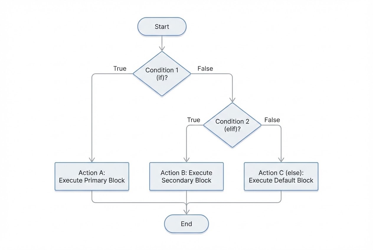 แผนภาพ Flowchart แสดงการทำงานของ if, elif และ else ในระดับ Control Flow