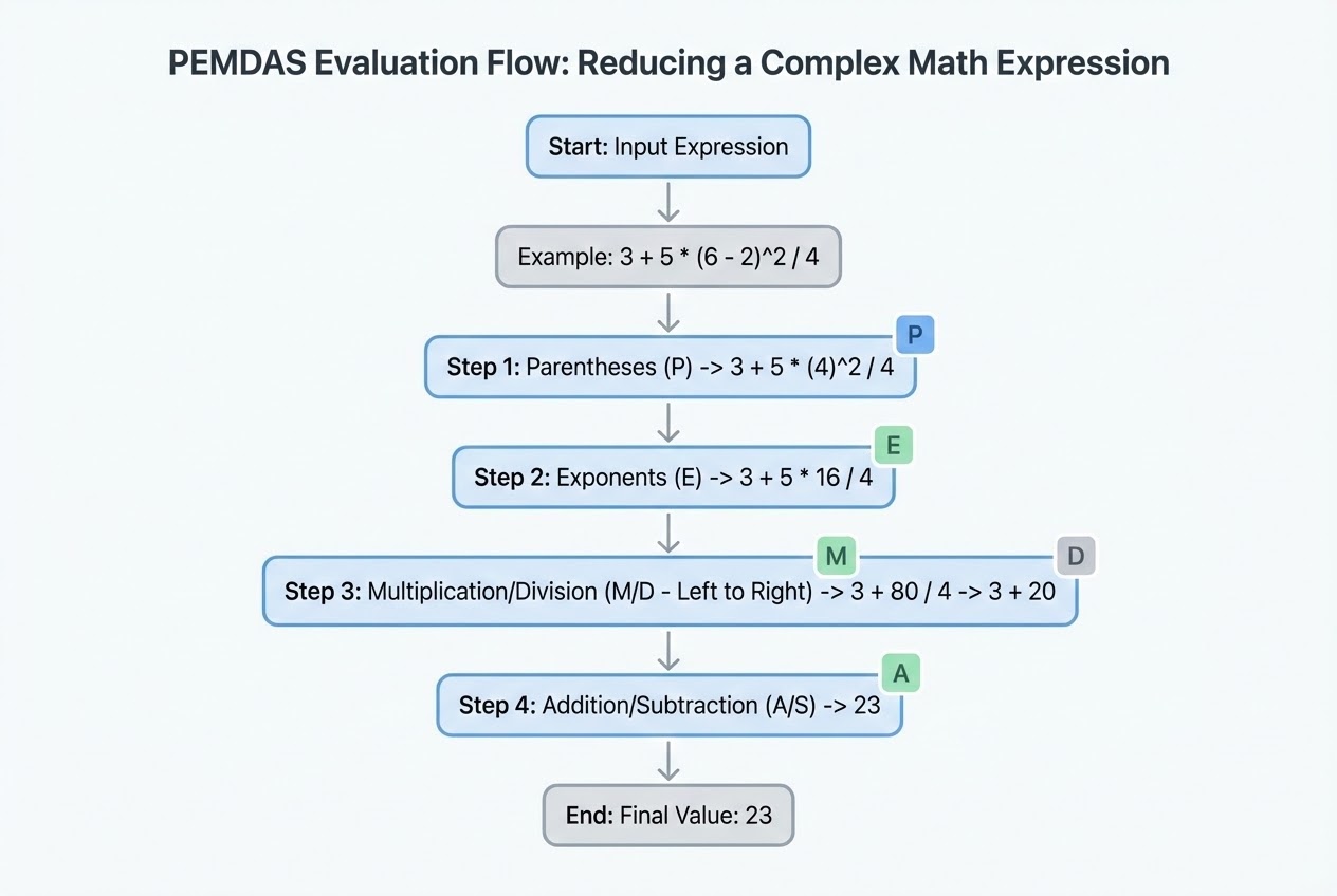 แผนภาพแสดงลำดับการคำนวณ (Order of Operations) ใน Python ด้วยหลักการ PEMDAS