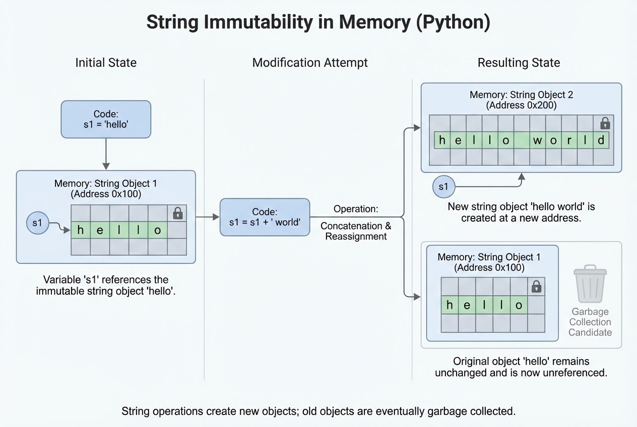 แผนภาพแสดงการทำงานของ String Immutability และการสร้าง Object ใหม่ในหน่วยความจำ