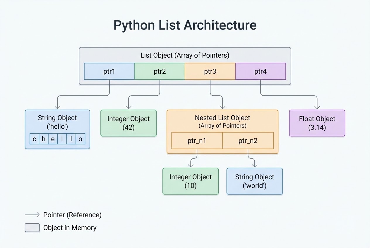 แผนภาพแสดงโครงสร้างการเก็บ Object References ในหน่วยความจำของ Python List