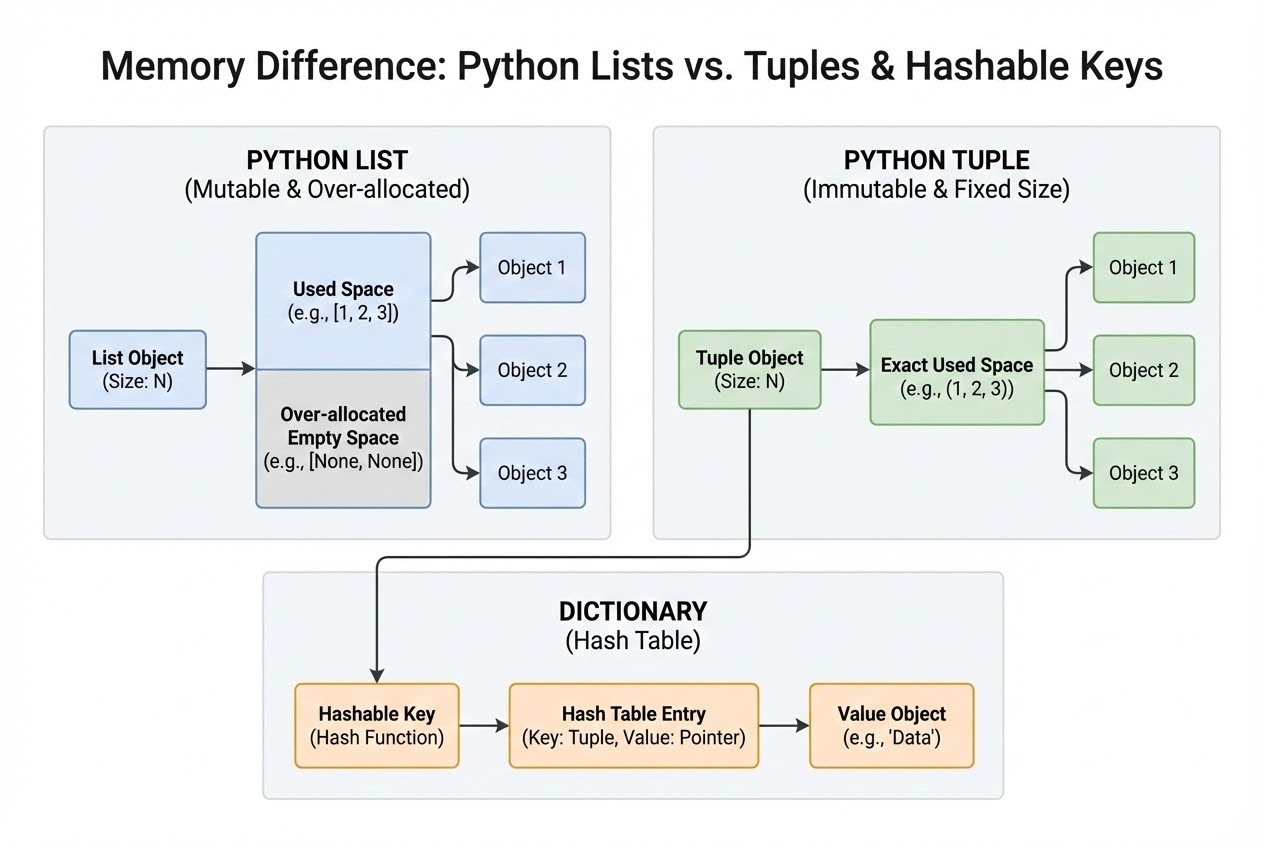แผนภาพแสดงการเปรียบเทียบ Memory และการใช้ Tuple เป็น Dictionary Key
