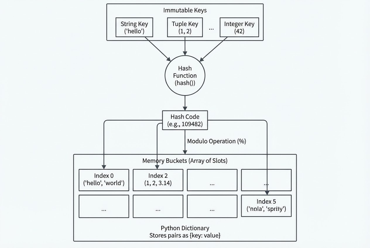 แผนภาพแสดงการทำงานของ Hash Table ภายใน Python Dictionary