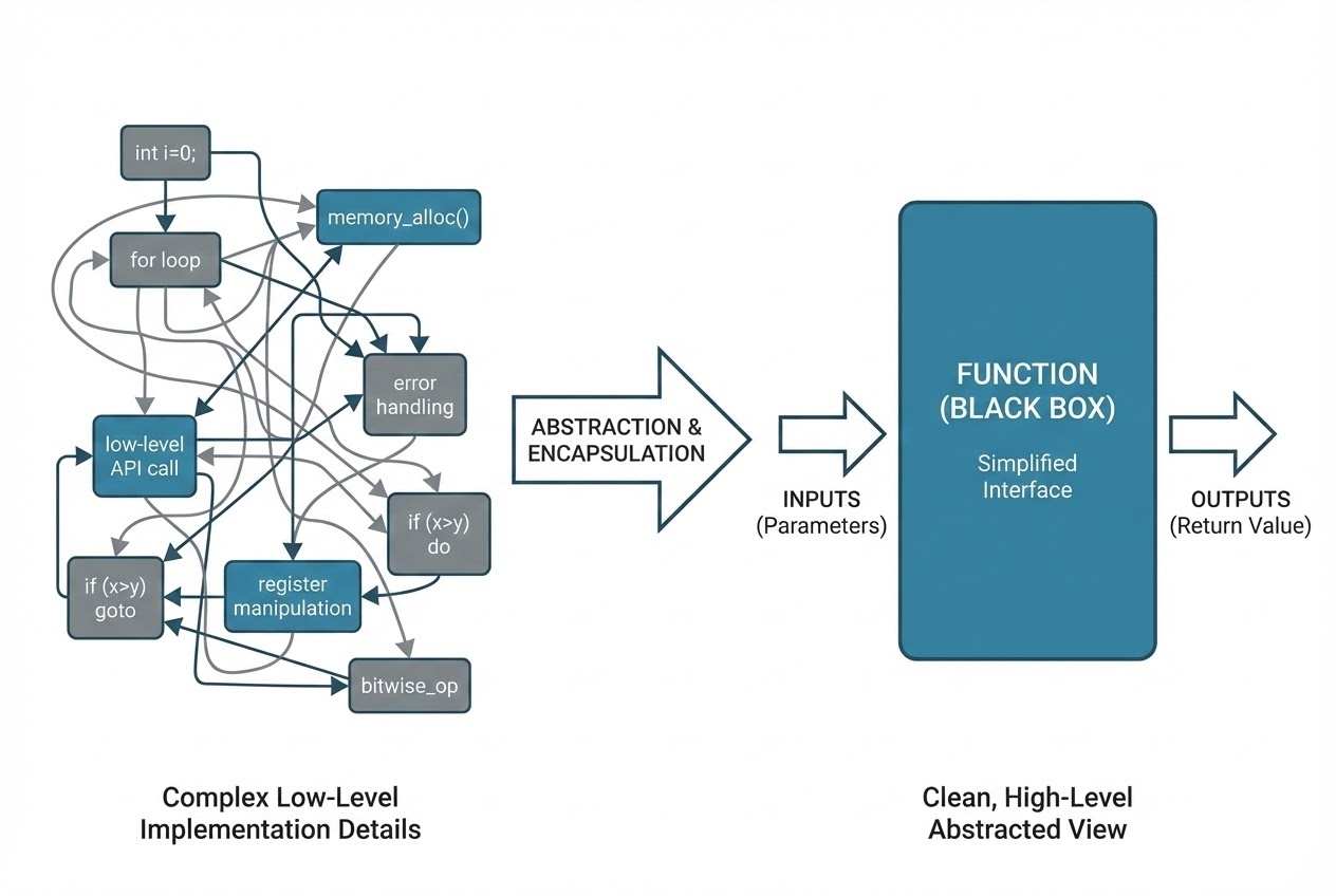 แผนภาพแสดงกระบวนการ Abstraction ที่ยุบรวมโค้ดที่ซับซ้อนให้กลายเป็น Black Box Function