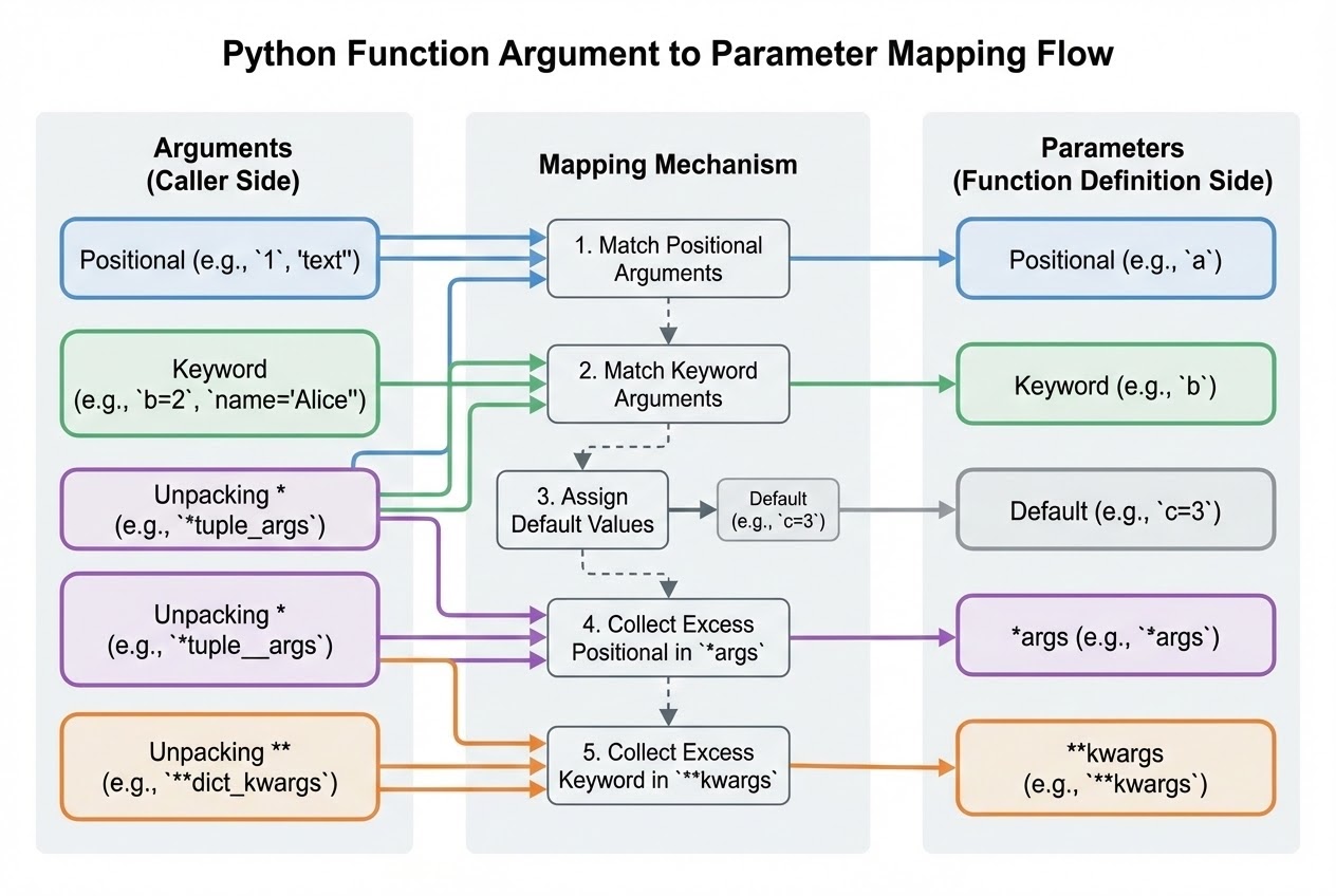 แผนภาพแสดงการทำงานของ Positional, Keyword, Default Arguments และ *args, **kwargs