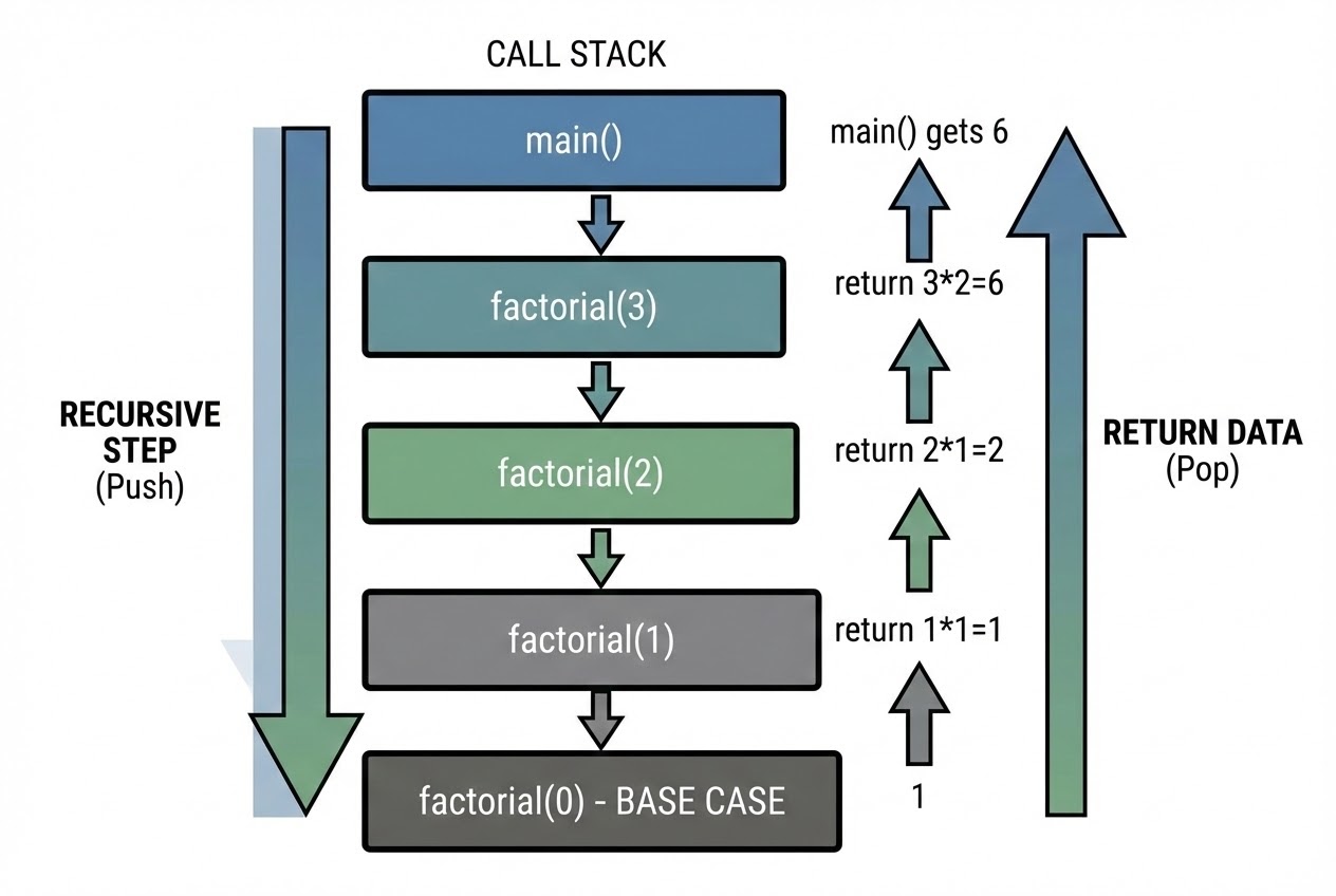 แผนภาพแสดงการทำงานของ Call Stack และกลไกของ Base Case ใน Recursion