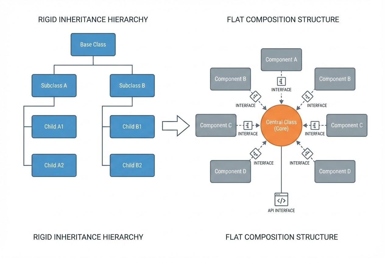 แผนภาพแสดงการเปลี่ยนจากการออกแบบด้วย Inheritance Tree ที่ลึกซึ้ง ไปสู่การประกอบคลาสแบบ Composition