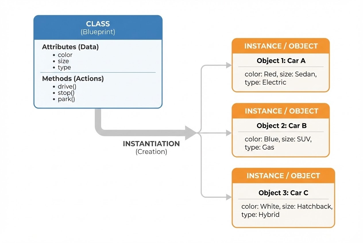 แผนภาพแสดงกระบวนการ Instantiation จาก Class ไปสู่ Objects