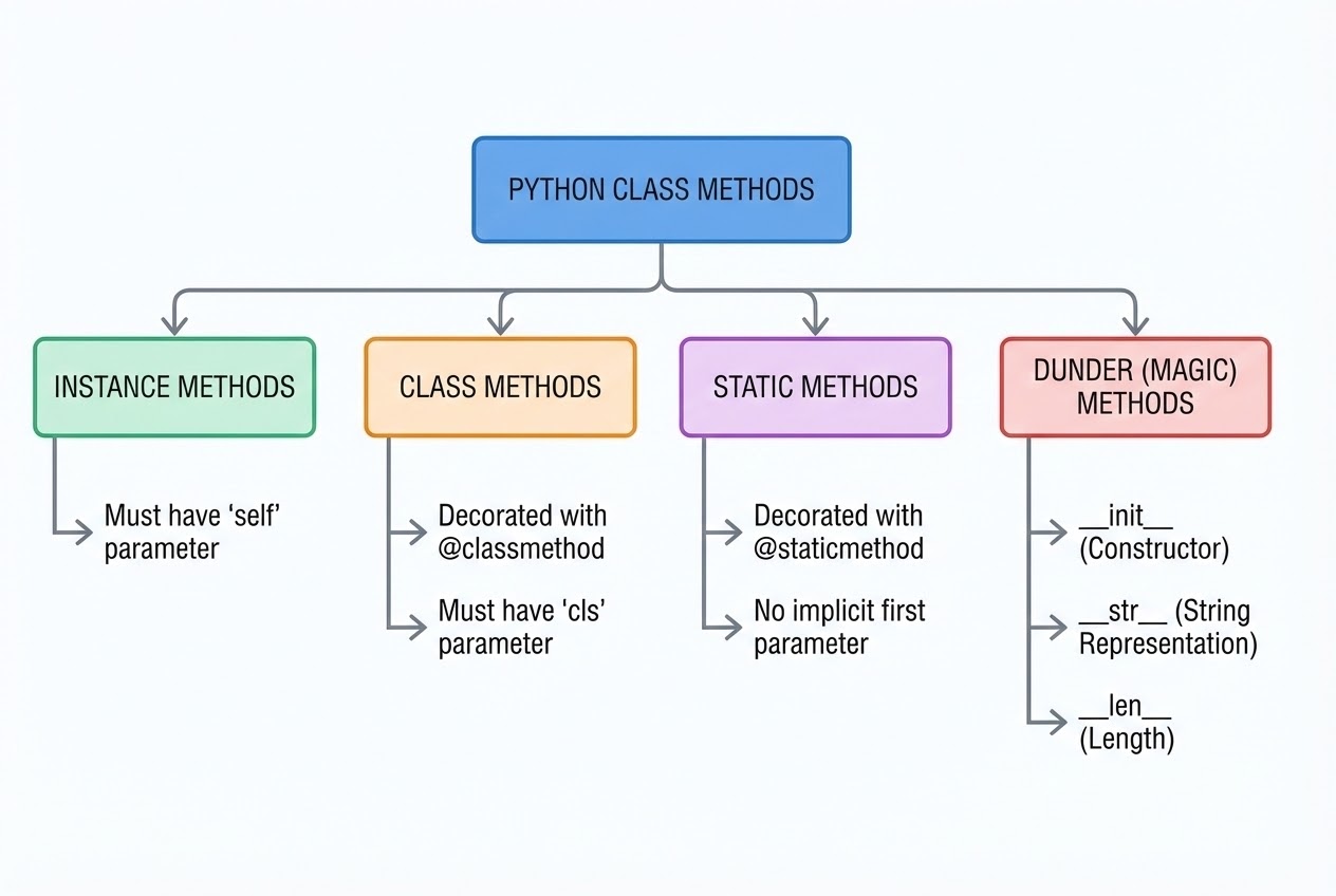 แผนภาพแสดงโครงสร้างและประเภทของ Methods ภายใน Class ของ Python