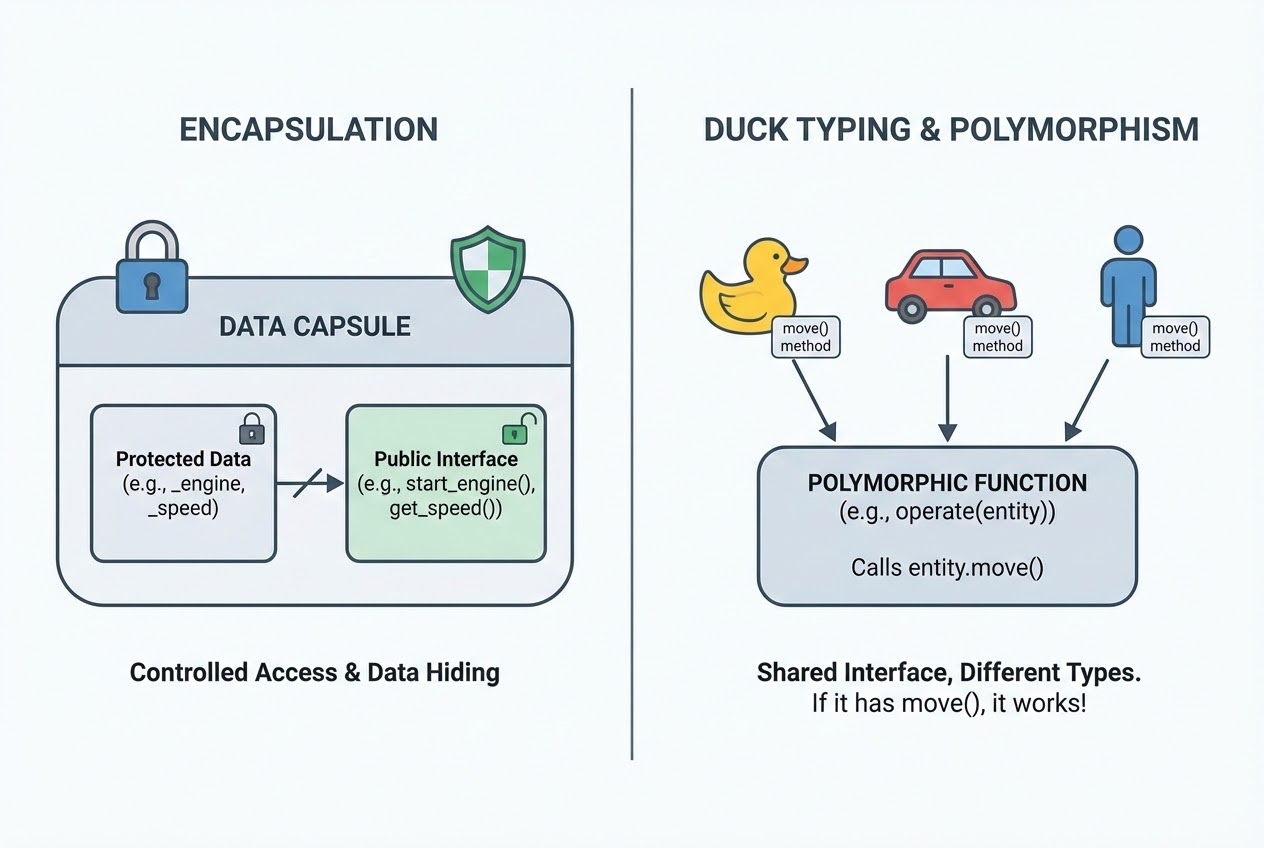 แผนภาพแสดงการทำงานของ Duck Typing และ Encapsulation