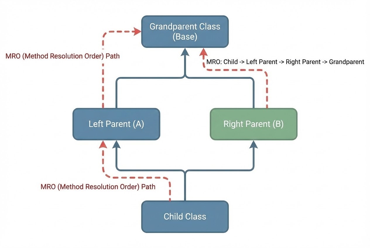 แผนภาพแสดงปัญหา Diamond Problem และการทำงานของ MRO (Method Resolution Order) ใน Python