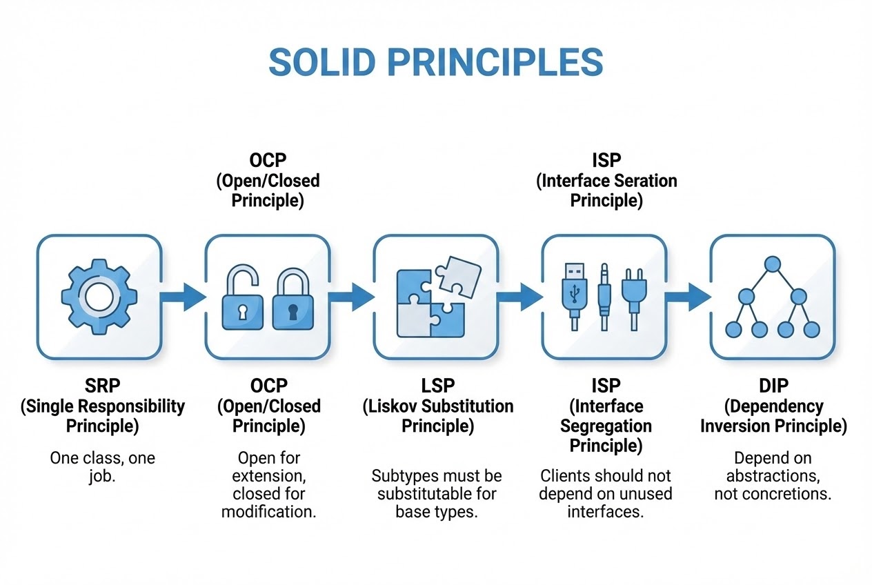 แผนภาพแสดงหลักการ SOLID 5 ข้อ: SRP, OCP, LSP, ISP, DIP