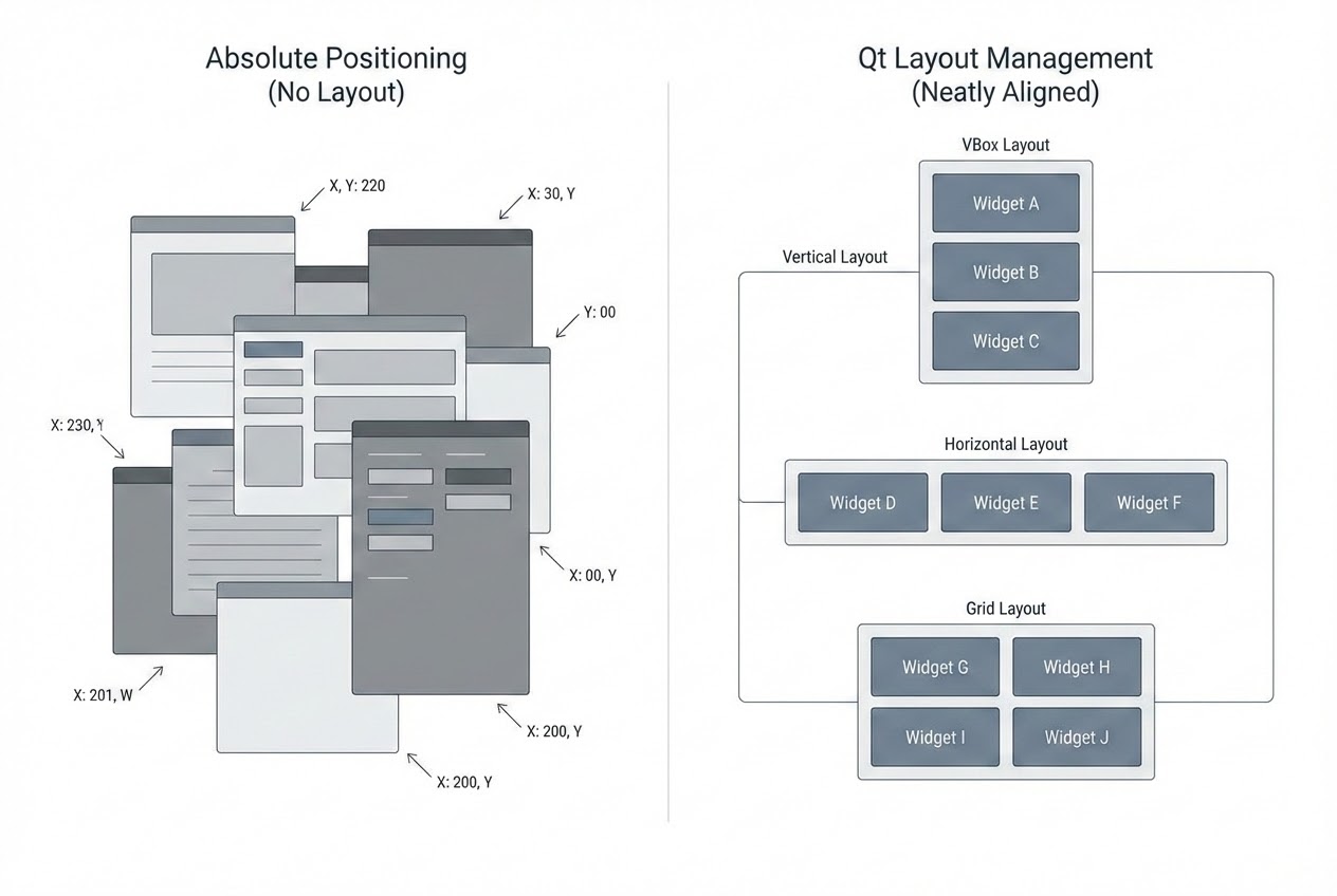 แผนภาพเปรียบเทียบ Absolute Positioning กับ Layout Management