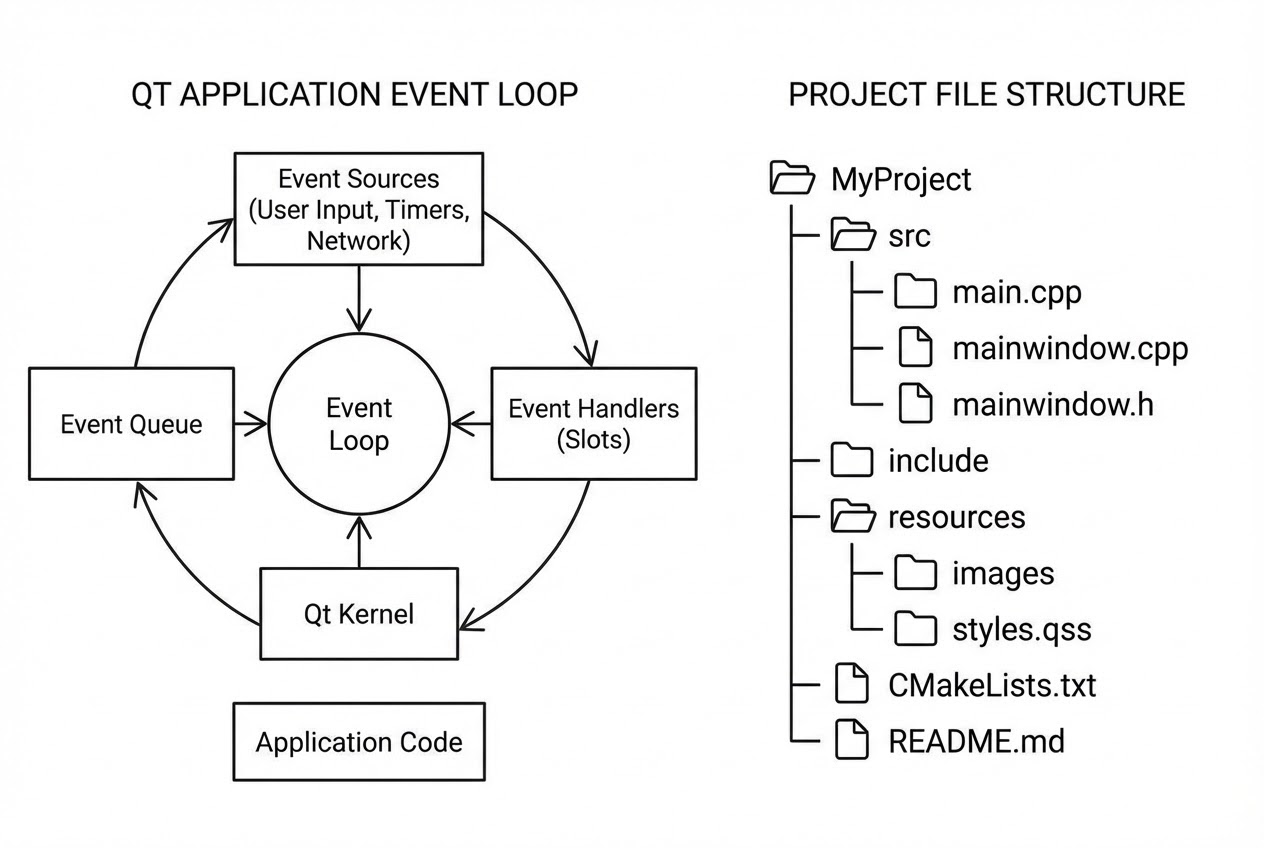 แผนภาพโครงสร้างโปรเจกต์และ Event Loop ของ Qt