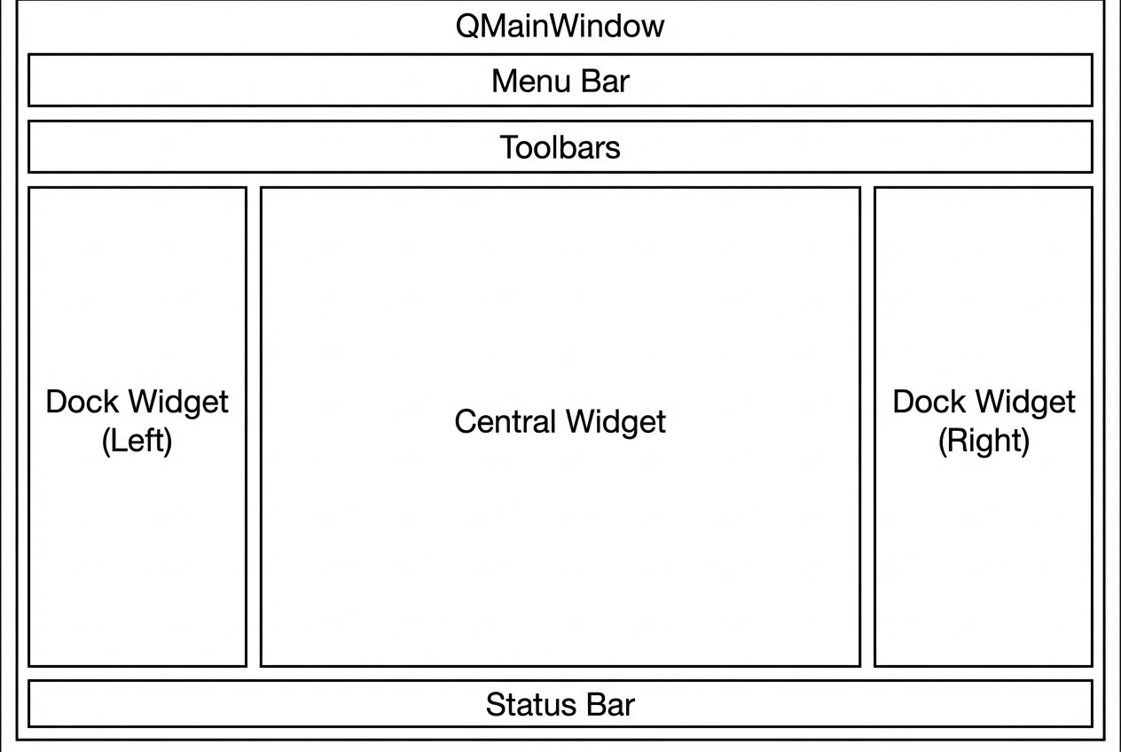แผนภาพแสดงโครงสร้าง 5 ส่วนของ QMainWindow