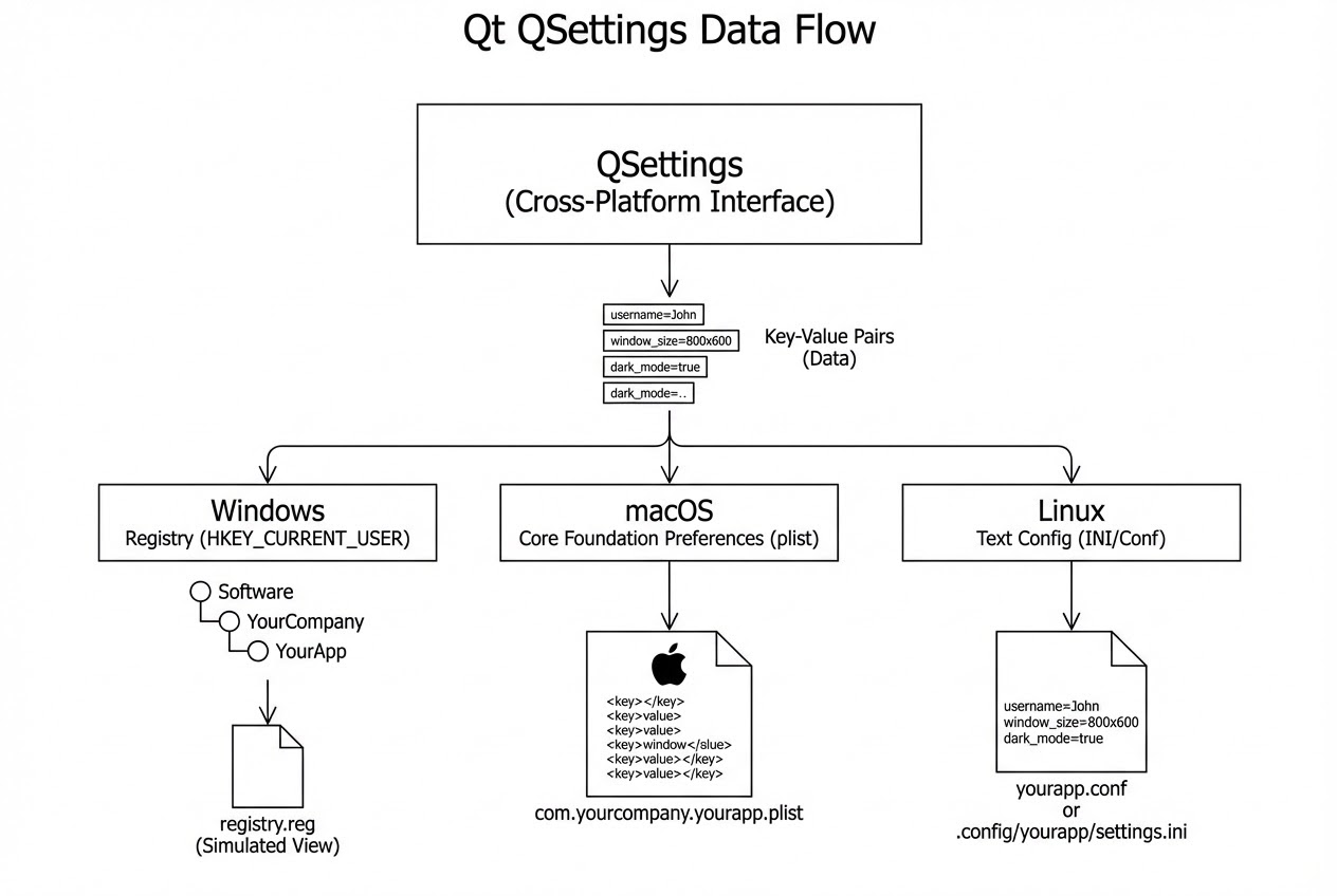 แผนภาพการทำงานแบบ Cross-platform ของ QSettings