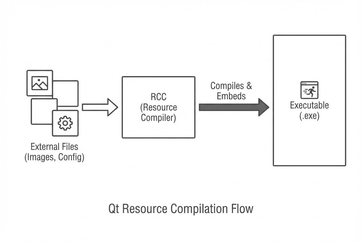 แผนภาพแสดงกระบวนการทำงานของ RCC ในการคอมไพล์ไฟล์รูปภาพลงใน Executable