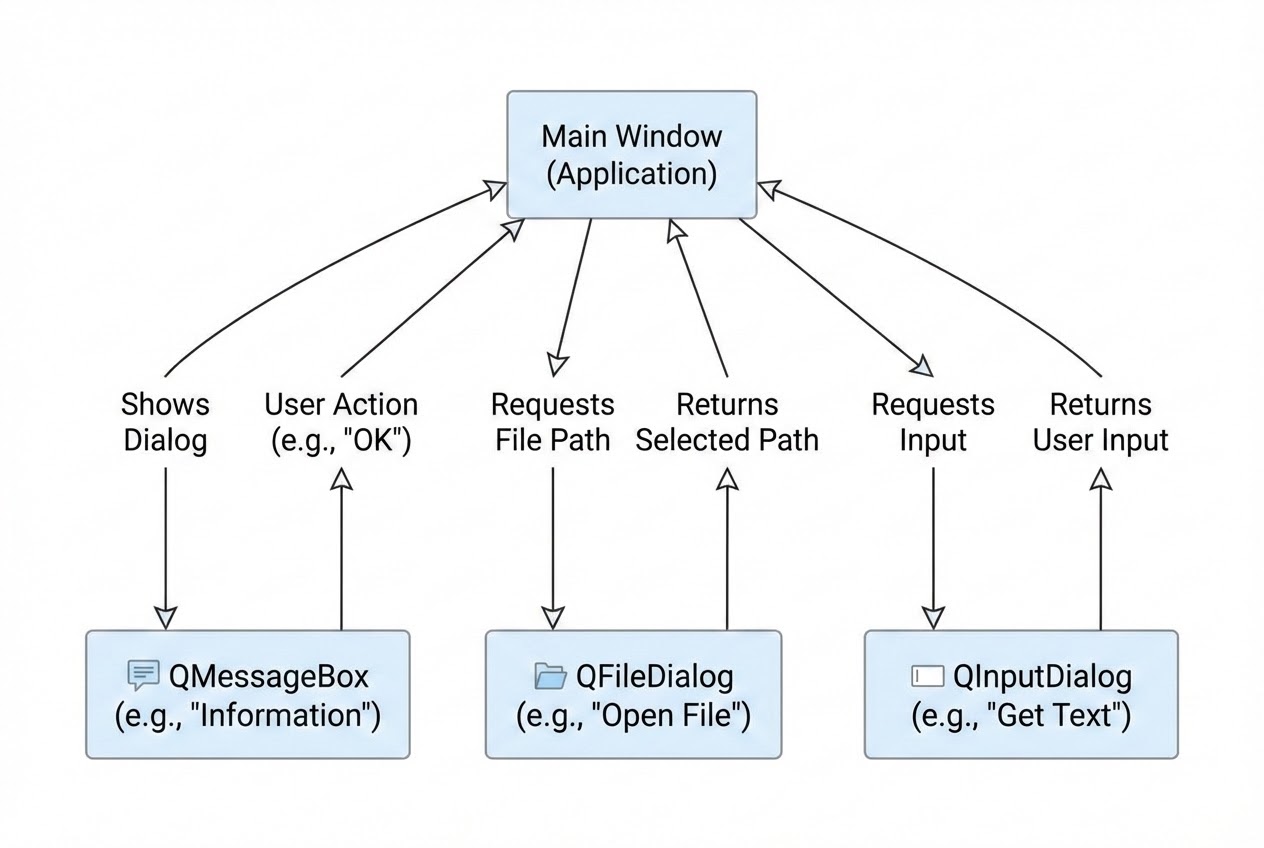 แผนภาพแสดงการทำงานของ QMessageBox, QFileDialog และ QInputDialog
