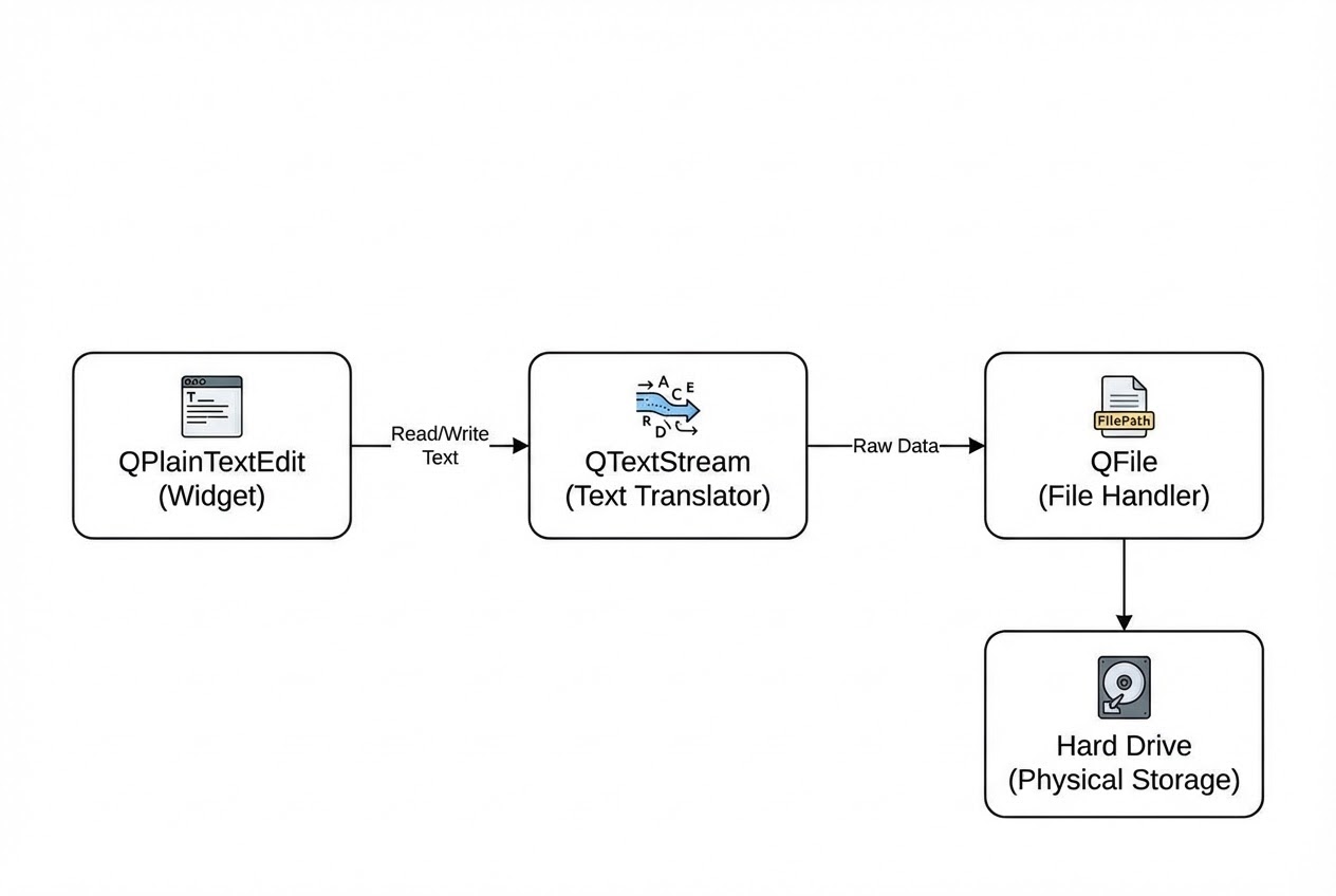แผนภาพการเชื่อมต่อระหว่าง QTextStream และ QFile