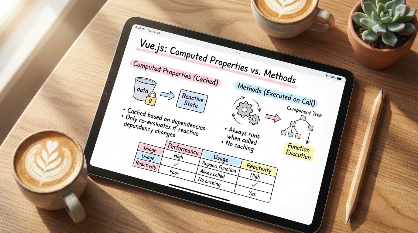 Aesthetic study notes about Computed Properties vs Methods in Vue.js on an iPad screen