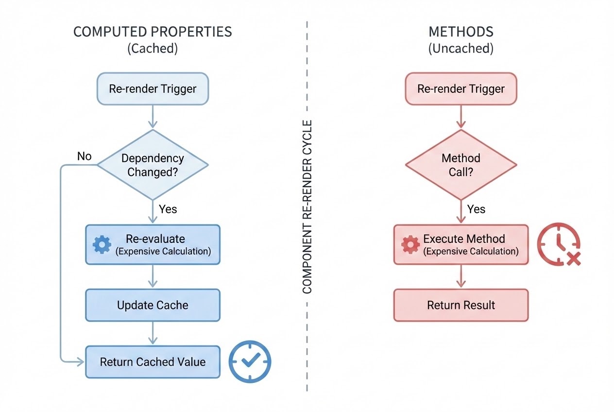 Diagram showing the performance comparison between Vue.js Computed Properties and Methods