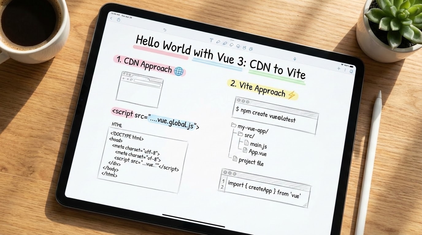 Aesthetic study notes about Hello World with Vue 3 from CDN to Vite on an iPad screen
