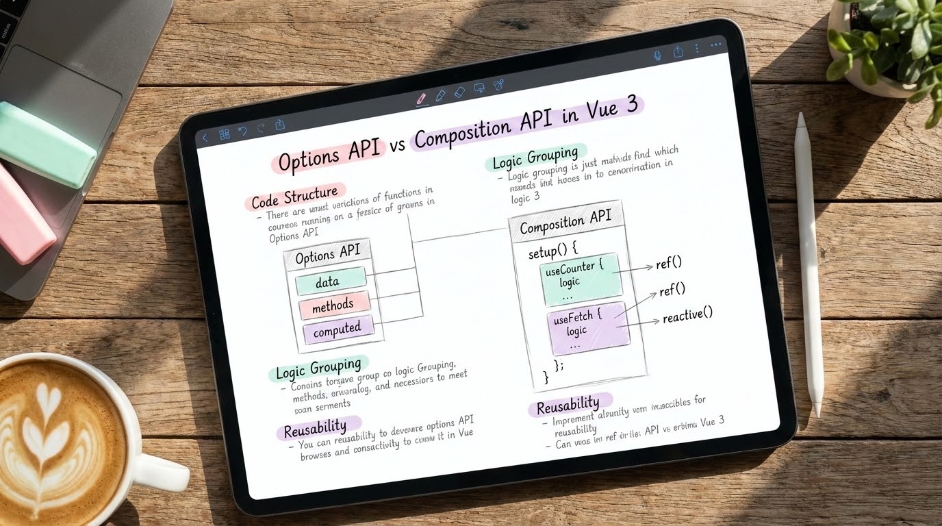 Aesthetic study notes about Options API vs Composition API in Vue 3 on an iPad screen