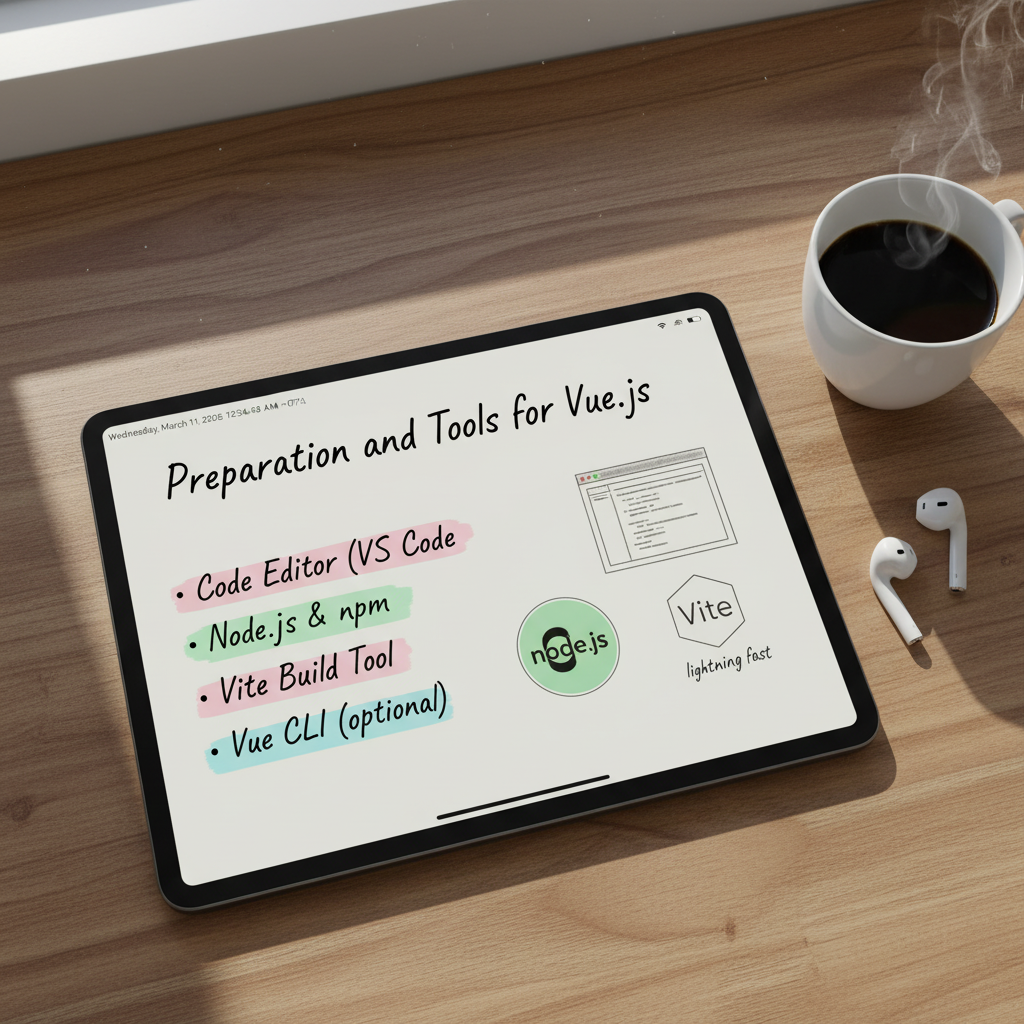 Aesthetic study notes about Preparation and Tools for Vue.js on an iPad screen