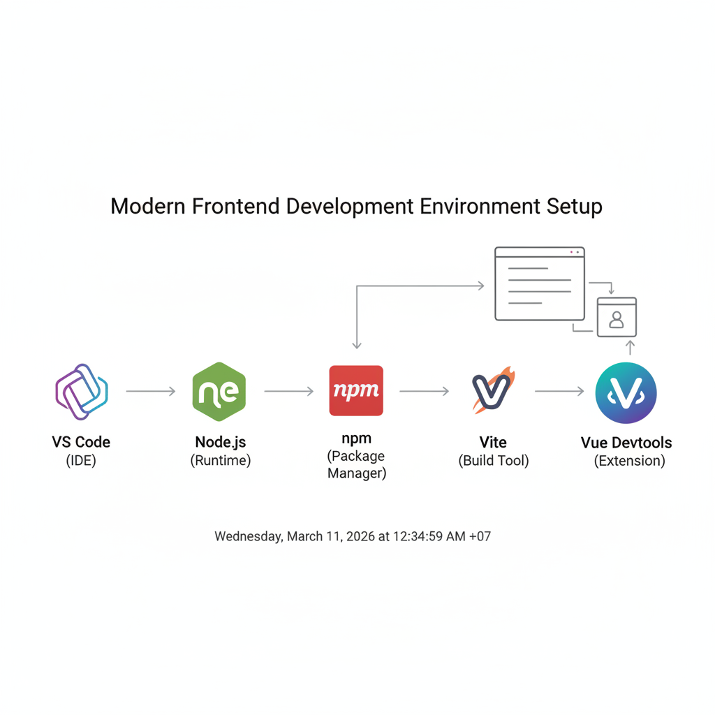 Modern frontend development environment setup featuring VS Code, Node.js, npm, Vite, and Vue Devtools