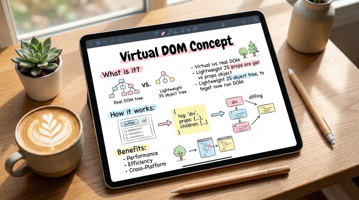Aesthetic study notes about Virtual DOM concept on an iPad screen
