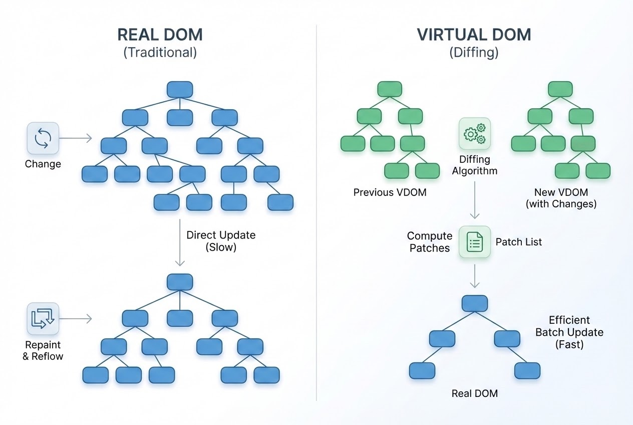 Diagram showing the comparison between Real DOM and Virtual DOM Diffing process