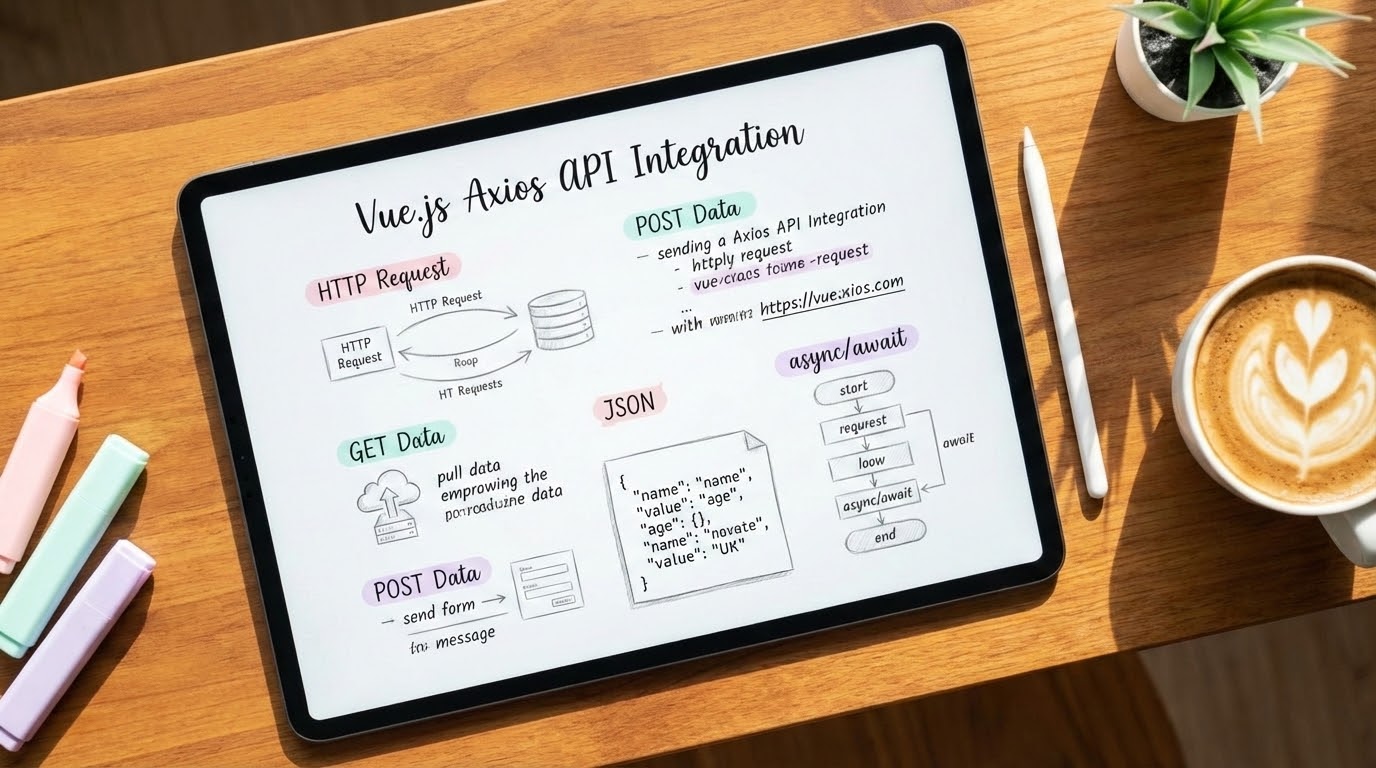 Aesthetic study notes about Vue.js Axios API integration on an iPad screen