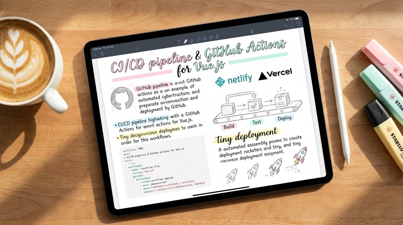 Aesthetic study notes about CI/CD pipeline and GitHub Actions for Vue.js on an iPad screen