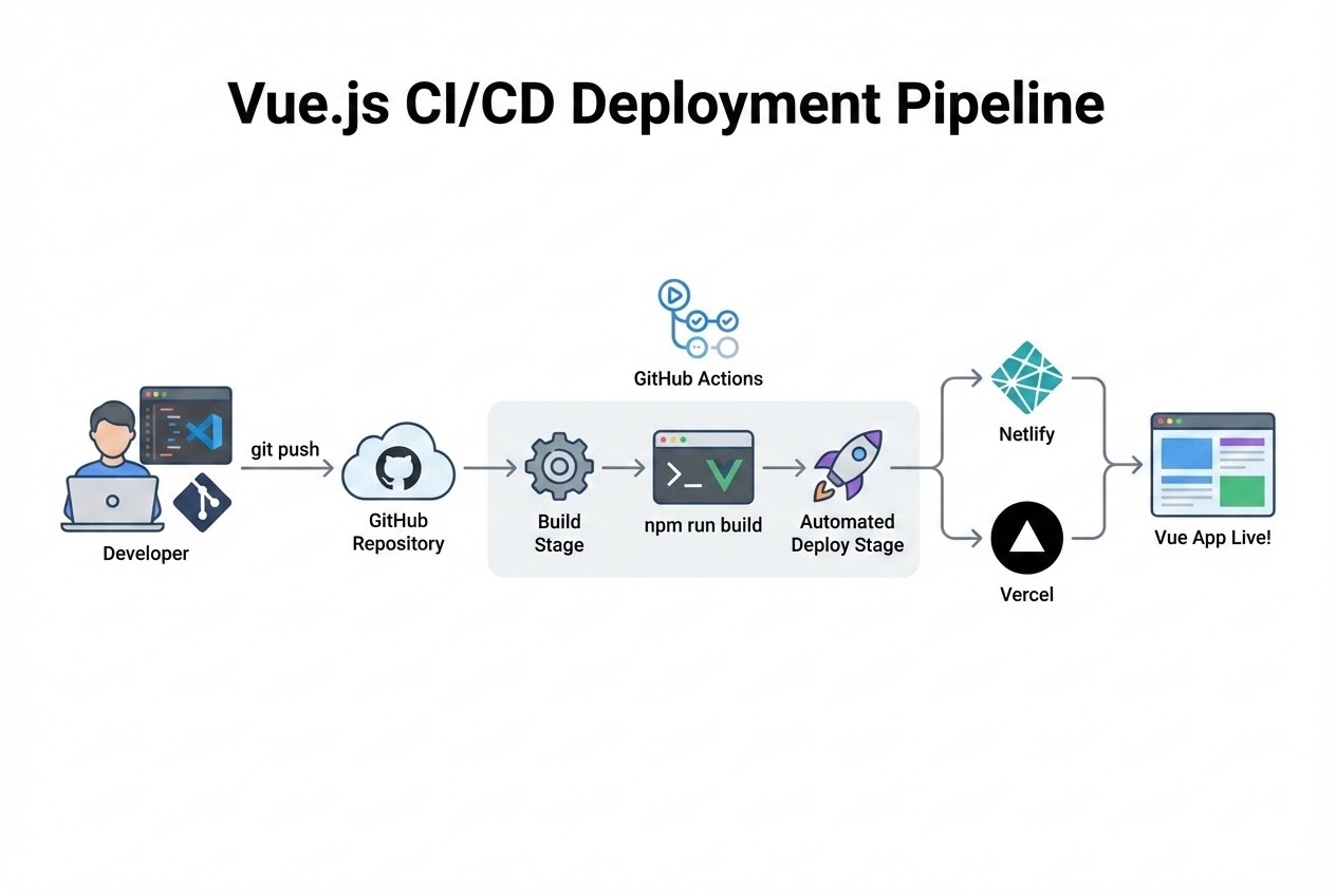 Diagram showing the CI/CD deployment pipeline for a Vue.js application with GitHub Actions