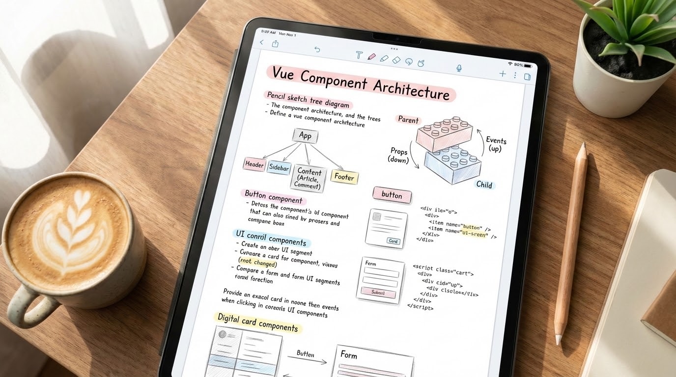 Aesthetic study notes about Vue Component Architecture on an iPad screen