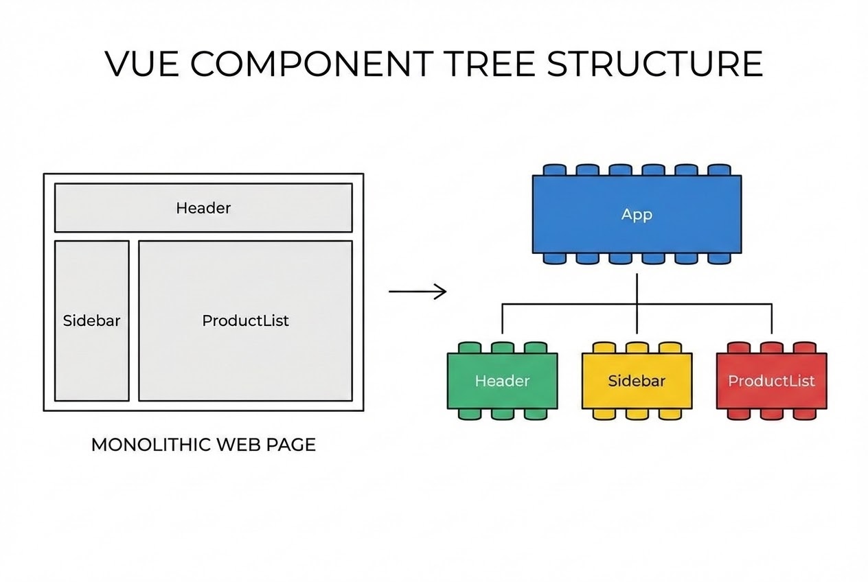 Diagram showing a monolithic web page broken down into a Vue component tree structure like Lego blocks