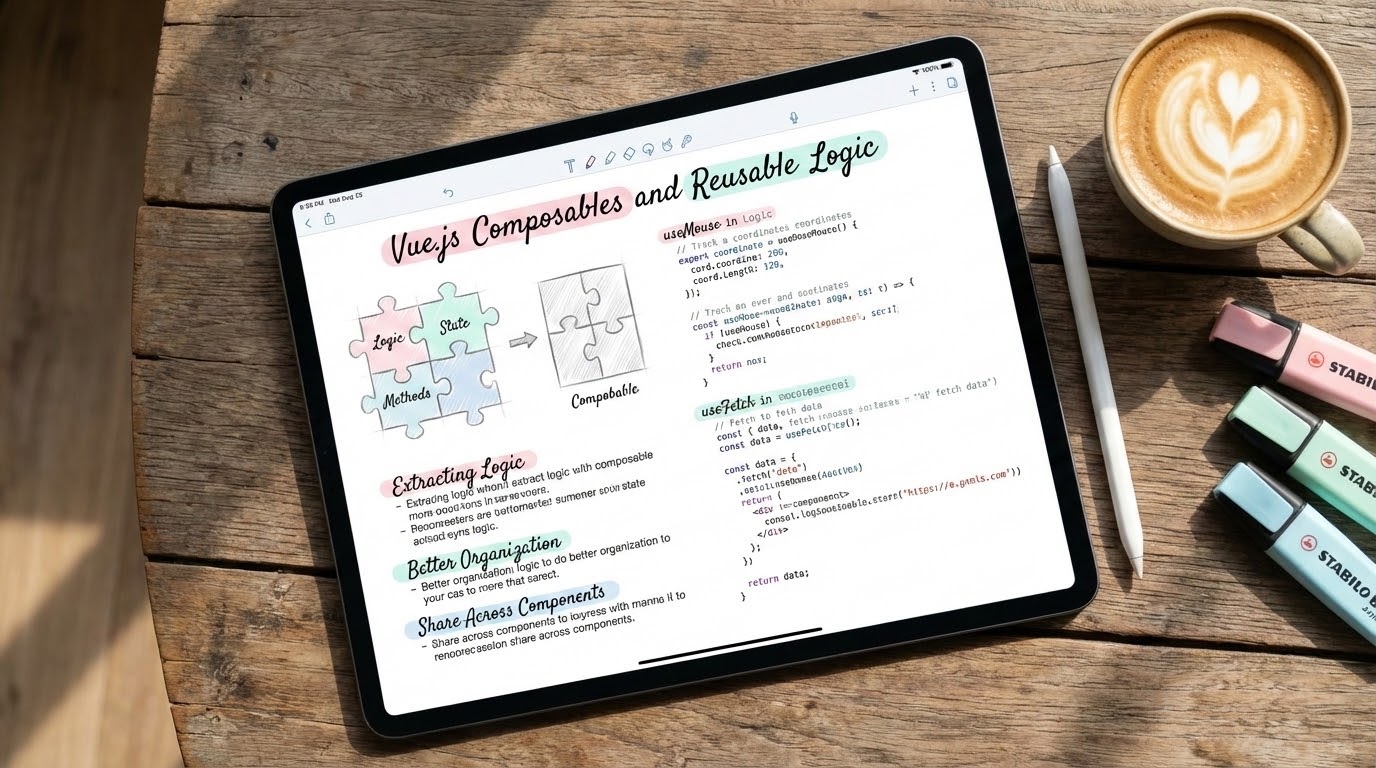 Aesthetic study notes about Vue.js Composables and reusable logic on an iPad screen