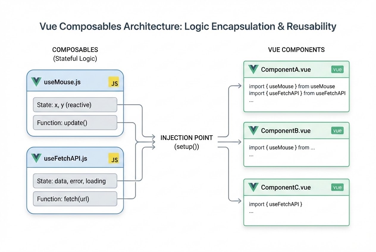 Diagram showing the architecture of Vue Composables encapsulating stateful logic