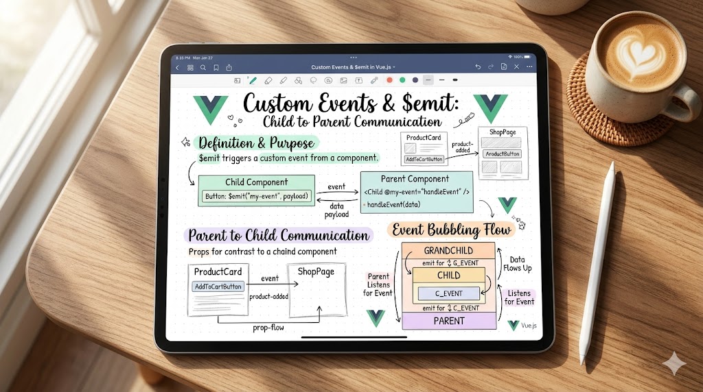 Aesthetic study notes about Custom Events and $emit in Vue.js on an iPad screen