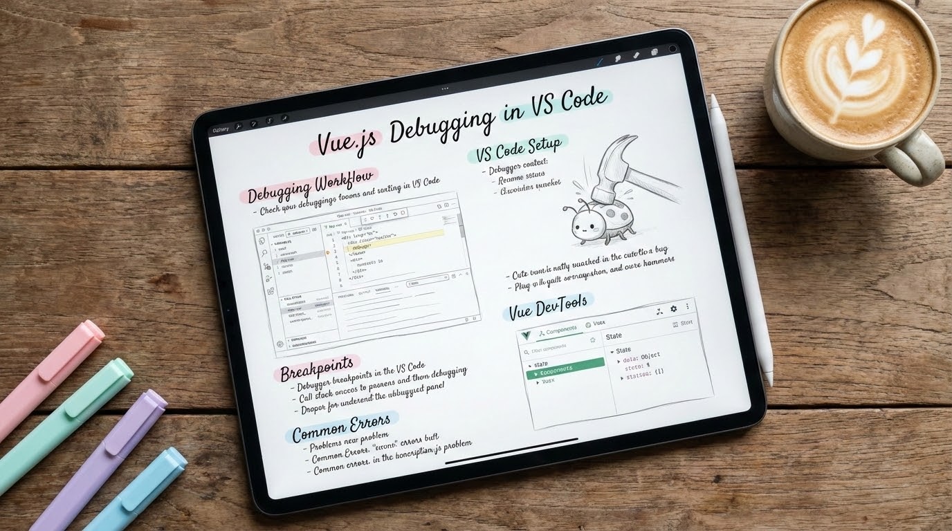 Aesthetic study notes about Vue.js Debugging in VS Code on an iPad screen