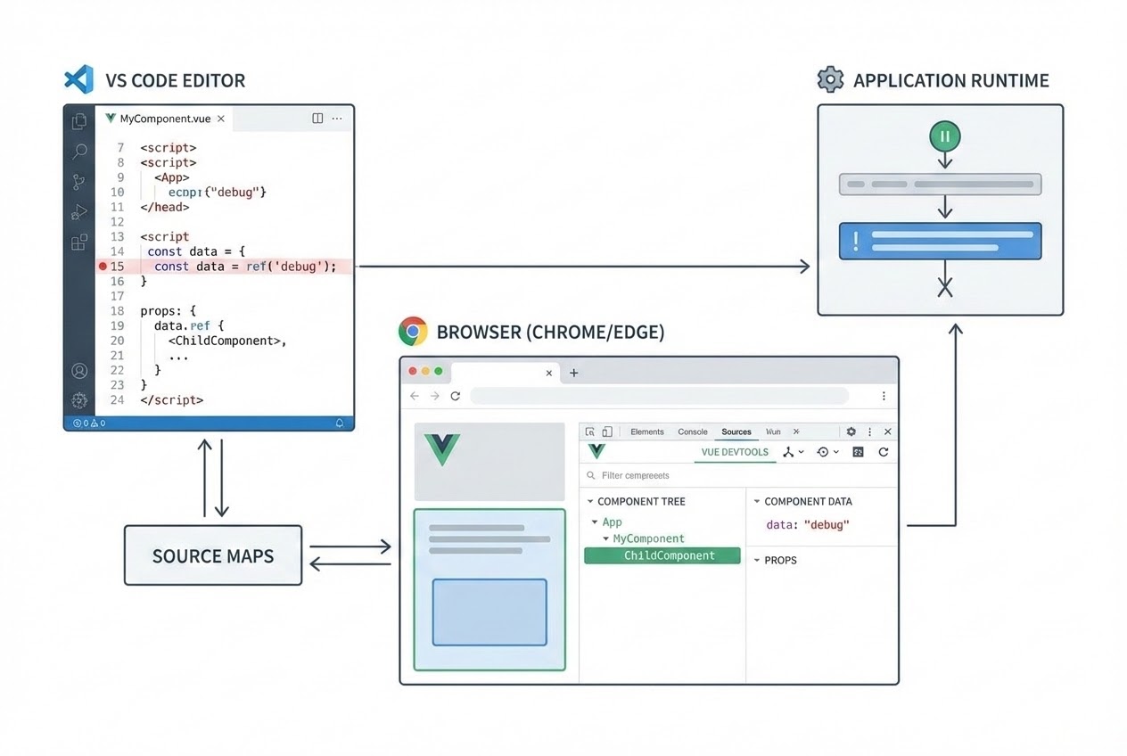 Diagram showing the Vue.js Debugging workflow connecting VS Code and Vue DevTools
