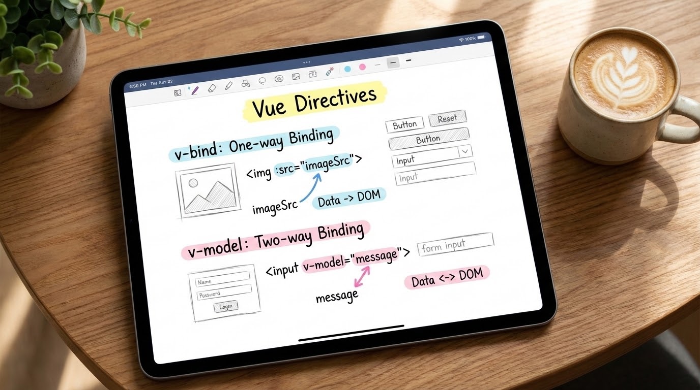 Aesthetic study notes about Vue Directives v-bind and v-model on an iPad screen