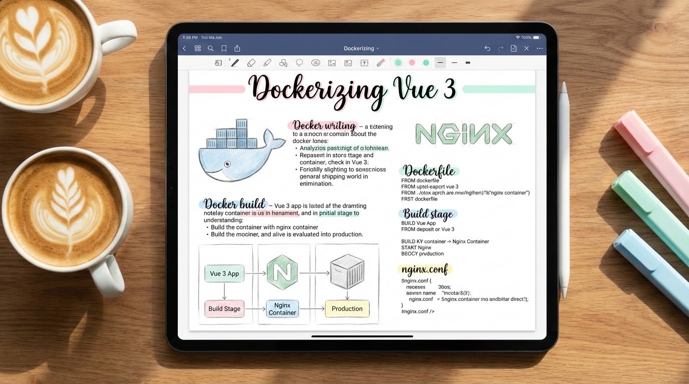 Aesthetic study notes about Dockerizing Vue 3 on an iPad screen