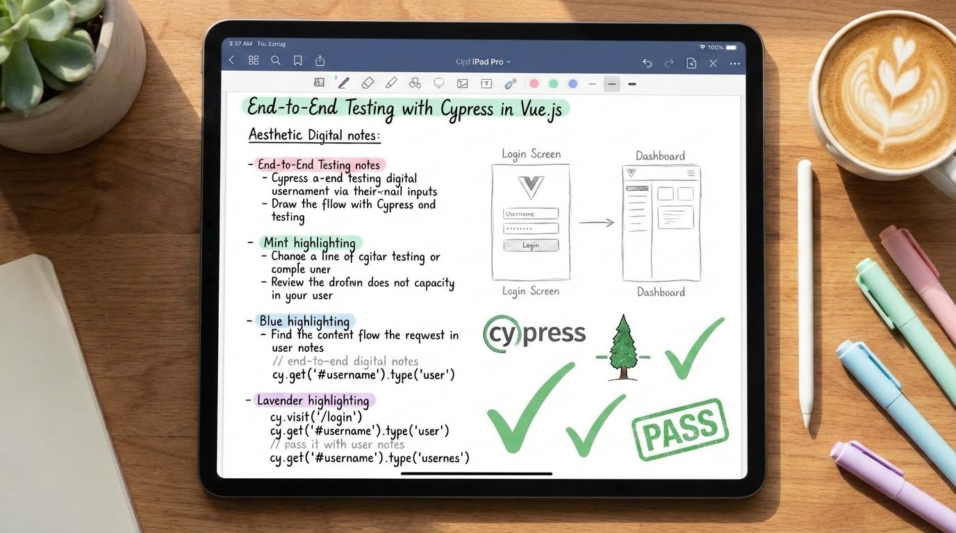 Aesthetic study notes about End-to-End Testing with Cypress in Vue.js on an iPad screen