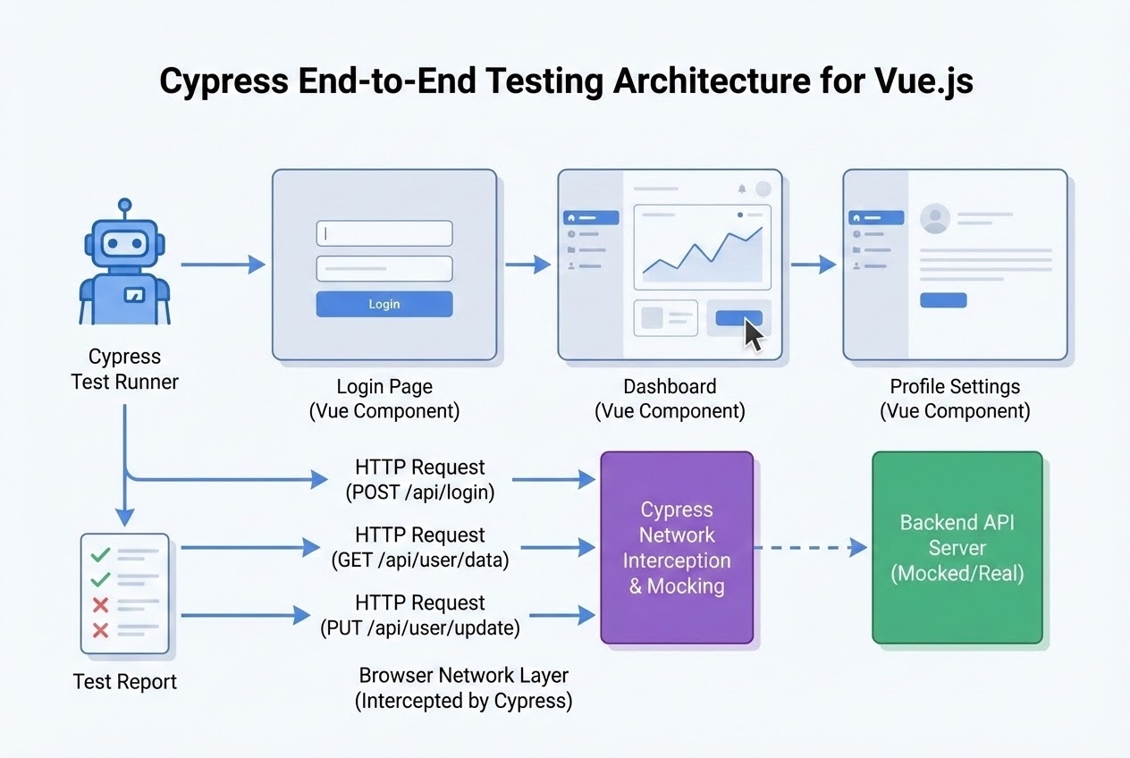 Diagram showing End-to-End Testing architecture with Cypress simulating a user journey